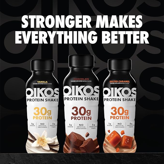 Oikos Protein Shake, Exclusive Variety Pack, 30g High Protein Drinks, Shelf Stable, Ready to Drink, 5g Prebiotic Fiber, 12 fl oz Bottle (8 ct Chocolate, 4 ct Vanilla)