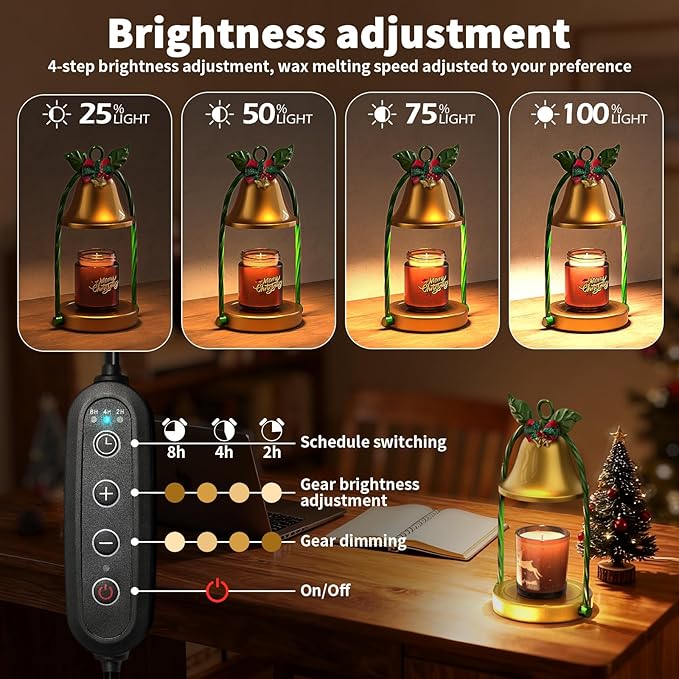 Christmas Candle Warmer Lamp - Gold Base with Green Accents, Bell-Shaped Shade, Adjustable Timer & 4 Dimming Modes, Flameless Heater for Candles Under 4 Inches, Festive Home Decor (Christmas)