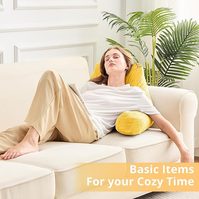 Sasttie Reading Pillow, Velvet Back Pillow for Bed Sitting Up, Adult Back-Rest Support Cushion with Arms for Sit Up on Couch, Sofa, and Floor, Dorm Essentials, Reading Accessories, Yellow