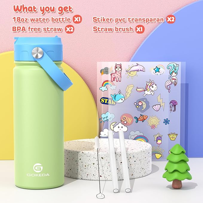 18oz Kids Water Bottle, Insulated Water Bottles with Stickers, 18/8 Stainless Steel Vacuum Leak Proof Straw Cup for School, Gifts for Boys Girls(Blue,Green)