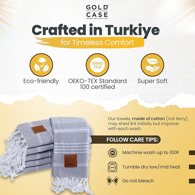 Gold CASE Turkish Hand Towels for Bathroom Set of 6 – 20 x 40'' – 100% Cotton Bathroom Hand Towels – LYCIA Towel for Spa, Face, Tea & Dishcloth – Decorative Cloth – Grey