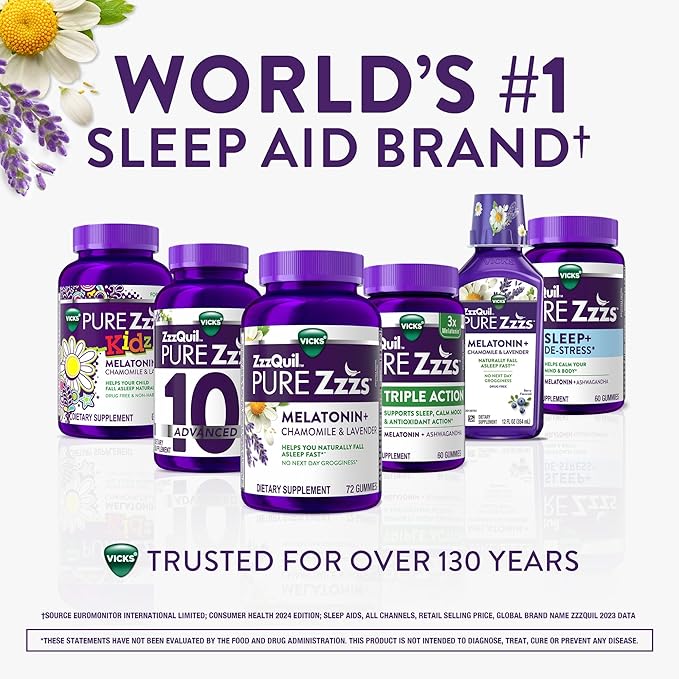 ZzzQuil Pure Zzzs Advanced Melatonin Gummies, Sleep Aid with Chamomile & Lavender for Adults Berry Flavored, 100 Count