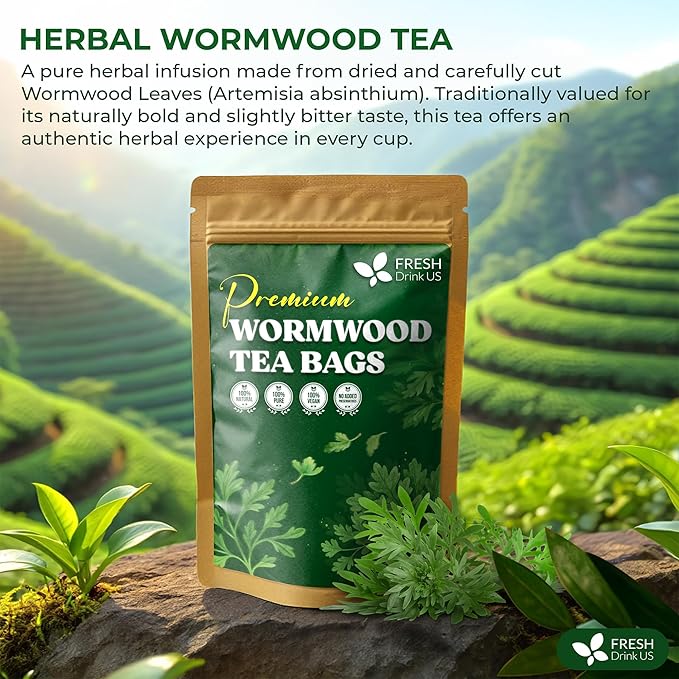 FreshDrinkUS, Premium Wormwood Tea - 75 Tea Bags - Handcrafted Herbal Blend, Caffeine-Free β Smooth Taste & Naturally Refreshing.