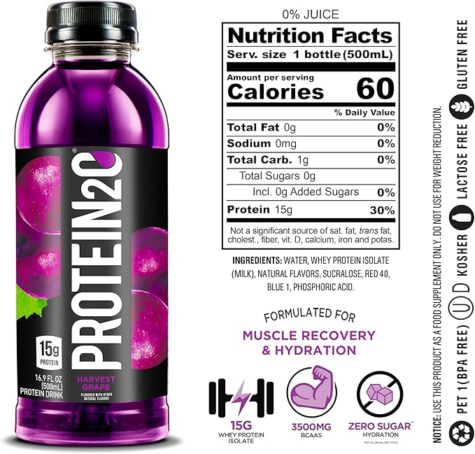 Protein2o 15g Whey Protein Isolate Infused Water, Ready To Drink, Sugar Free, Gluten Free, Lactose Free, Harvest Grape, 16.9 oz Bottle (Pack of 12)