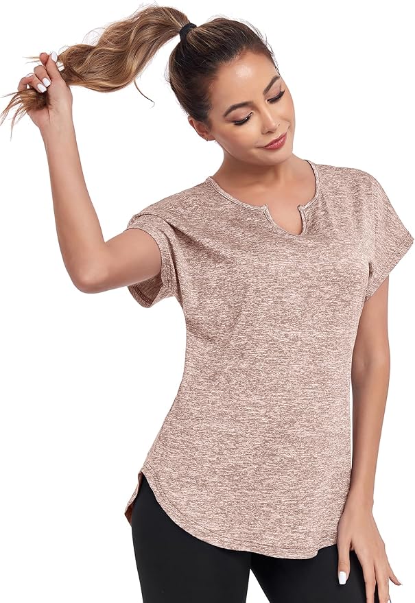 Women's Short Sleeve Workout Shirts V Neck Exercise Yoga Basic Top Quick Dry Side Split