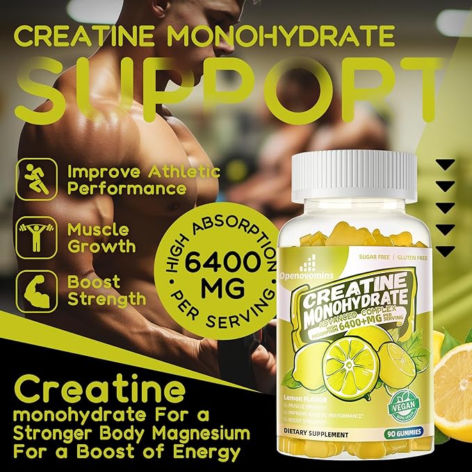 Creatine Monohydrate Gummies Complex for Men & Women -Advanced Formula W/L-Taurine + Vitamin B12, Sugar Free Chewable Supplement,90 Lemon Gummies