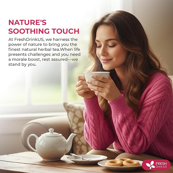 FreshDrinkUS, 40 Tea Bags - Menopause Support Herbal Tea โ Soothing Blend with Rhubarb, Hibiscus, Valerian, Passiflora, Ashwagandha, Fennel & Chamomile, Caffeine-Free, Vegan, Non-GMO
