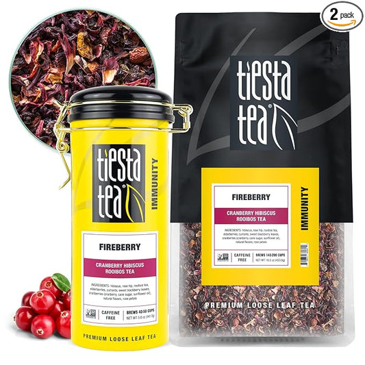 Tiesta Tea - Fireberry Cranberry Hibiscus Loose Leaf Tea, Premium Caffeine-Free Rooibos Blend, Brew Hot or Iced, Makes Up to 250 Cups, 16oz Bulk Pouch & 5oz Refillable Tin Set