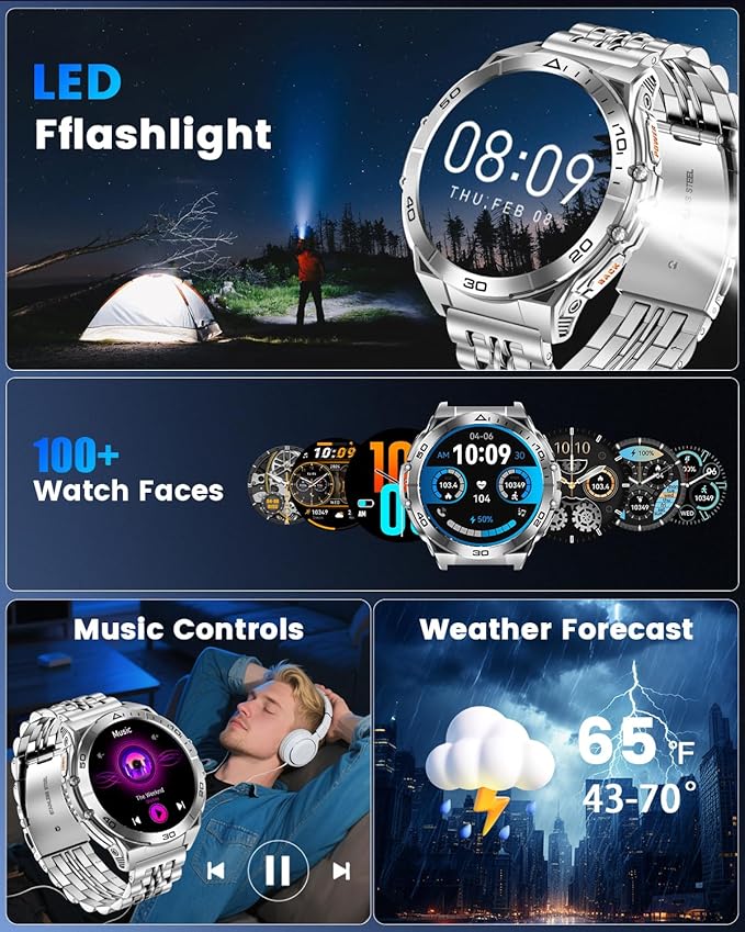 Military Smart Watch for Men with LED Flashlight, 1.60″ AMOLED Always-On Display, 600mAh (5–10 Days), Bluetooth Call, IP68 Waterproof, Heart Rate/Sleep/SpO₂, 170+ Sports Modes, for Android iPhone