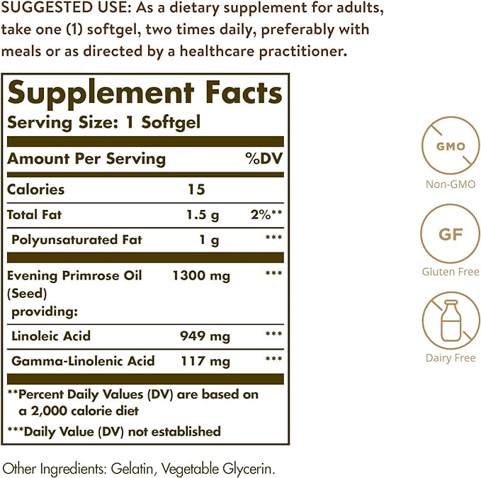 Solgar Evening Primrose Oil 1300 mg, 60 Softgels - Promotes Healthy Skin - Nutritional Support for Women - Non-GMO, Gluten Free, Dairy Free - 60 Servings