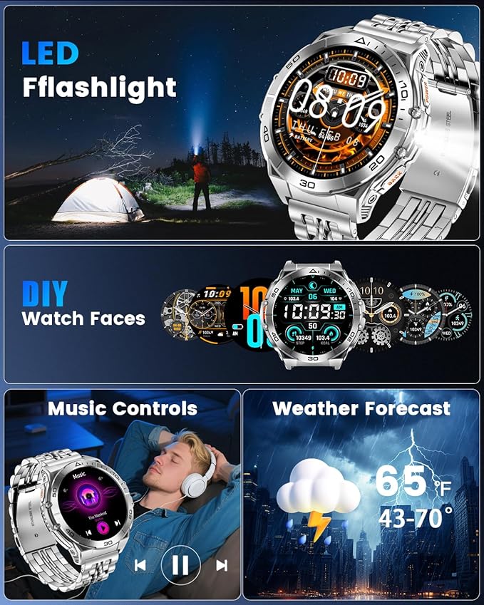 Military Smart Watches for Men with Bluetooth Call, 1.6" AMOLED Waterproof Smartwatch with Flashlight, 116 Sport Modes, 600mAh Heart Rate/SpO2/Sleep Monitor Fitness Tracker for Android iOS
