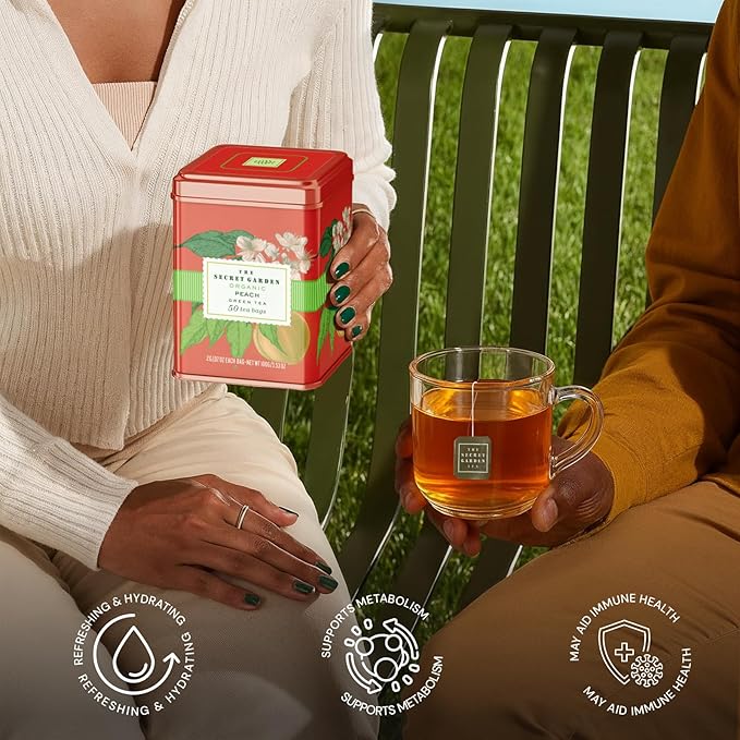 Life Plus Style Gourmet The Secret Garden Organic Peach Green Tea 50 Tea Bags Juicy & Fruity Refreshing Hot or Iced Tea Antioxidant-Rich Non GMO, Gluten Free Eco-Friendly USDA Certified