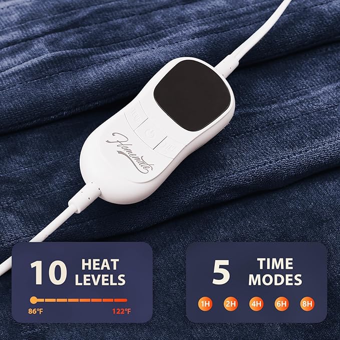 Homemate Electric Heated Blanket Queen Size - 84"x90" Heating Blanket Queen Size Dual Control 1/2/4/6/8 Hours Auto-Off 10 Heat Level Over-Heat Protection Flannel Sherpa ETL Certification