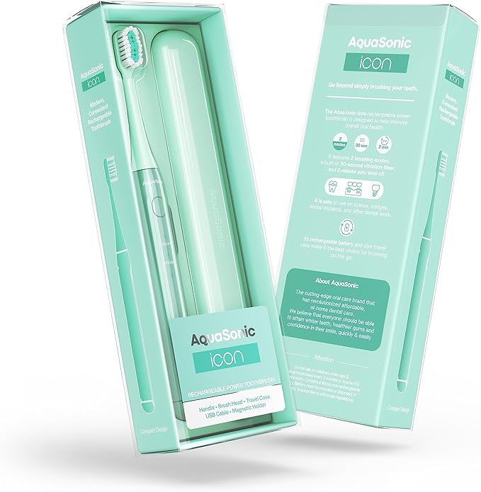 Aquasonic Icon ADA-Accepted Rechargeable Toothbrush | Magnetic Holder & Slim Travel Case | 2 Brushing Modes & Smart Timers | Gentle Micro-Vibrations (Mint)