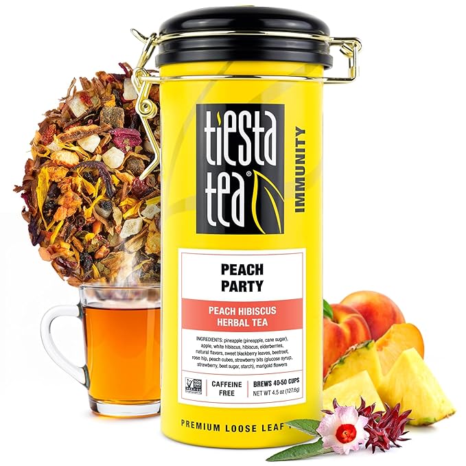 Tiesta Tea - Peach Party, Loose Leaf, Peach Hibiscus Herbal Infusion, Premium Blend, Non-Caffeinated Fruit Tea, Makes Hot or Iced & Up to 50 Cups, 4.5oz Refillable Tin