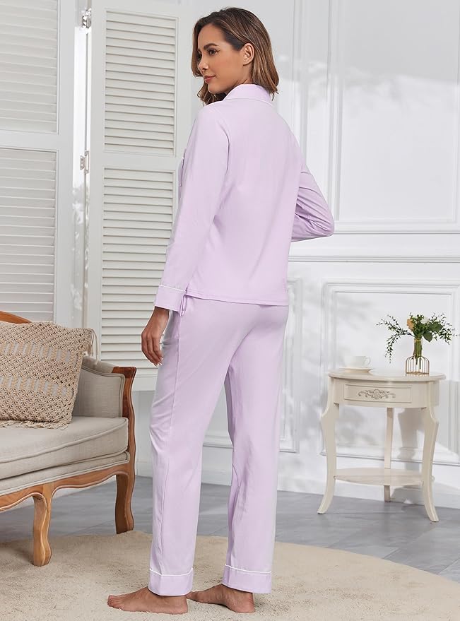 Veseacky 100% Cotton Pajamas for Women Set Long Sleeve Button Down Sleepwear Soft Pjs Lounge Sets with Pockets S-XXL