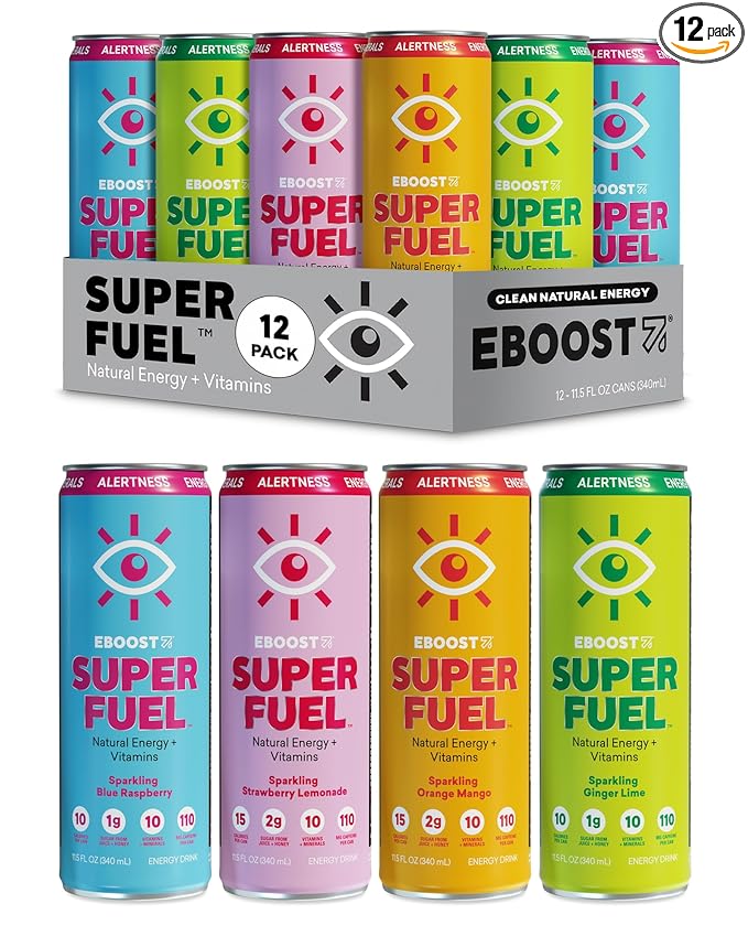 EBOOST Super Fuel Healthy Energy Drink - Caffeine from Natural & Clean Ingredients For Focus and Productivity -Taurine Free Pre-Workout With Electrolytes, Nootropic & Vitamins - Variety Pack, 12 Pack