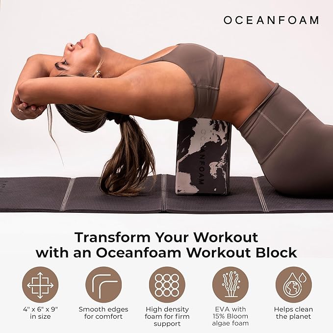 Oceanfoam Workout Block - High-Density Foam Exercise Block, Lightweight, Non-Slip for Stability & Support in Pilates, Yoga, Stretching & More - Algae-based EVA Foam, 9"x6"x4" (Black)