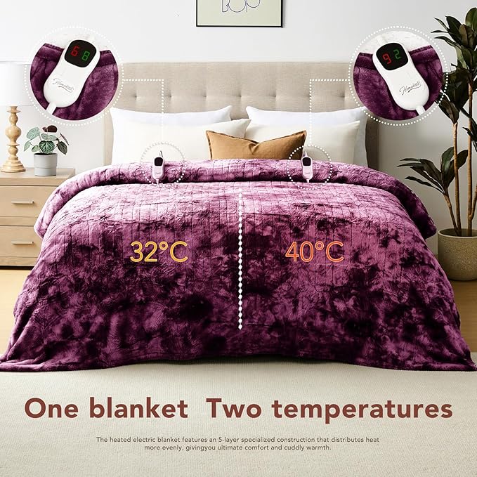 Homemate Electric Heated Blanket Queen Size - 84"x90" Heating Blanket Queen Size Dual Control 1/2/4/6/8 Hours Auto-Off 10 Heat Level Over-Heat Protection Luxury Faux Fur Sherpa ETL Certification