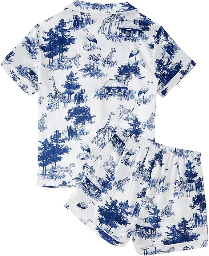 LYANER Women's Satin Silky Short Sleeve Button Shirt Sleepwear 2Piece Pajama Set
