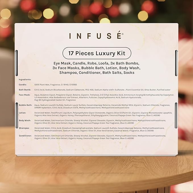17-Piece Luxury Gift Set with Robe | Complete INFUSÉ White Tea & Coconut Bath Collection | Self-Care Kit with Bath Bombs, Face Masks & Hair Care | Bridesmaid, Mom, Wife, Grandma or Loved Ones