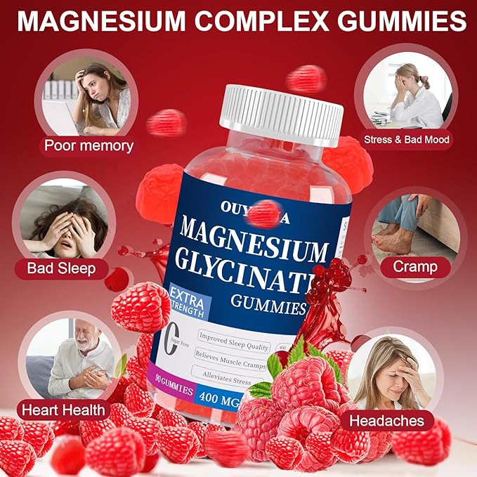 Magnesium Glycinate 400mg Gummies, Sugar Free Magnesium Gummies with Vitamins D, B6 for Sleep Support, Stress and Muscle Relief for Men and Women (2 Pack)