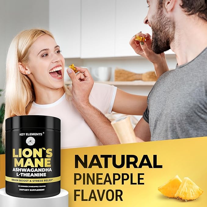 High Strength Extract Organic Lion's Mane Mushroom Gummies with Ashwagandha & L-Theanine - Potent Lion's Mane Brain Supplements for Memory & Relaxation - Mushroom Gummies for Focus