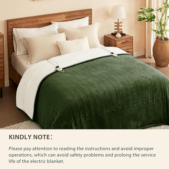 Homemate Electric Heated Blanket King - 100"x90" Heating Bed Blankets Throw with 10 Heating Levels 8 Hours Auto Off Fast Heating Over-Heated Protection Ultra Soft Warm Flannel ETL Certified Green