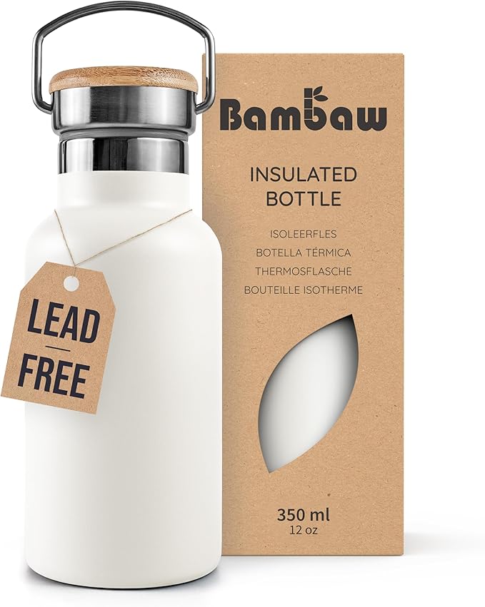 Bambaw Insulated Water Bottle 350ml, White Water Bottle, Stainless Steel Water Bottle, Leakproof Water Bottle, White Metal Water Bottle, 350ml Insulated Water Bottle – Polar White