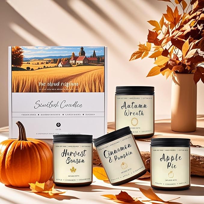 Fall Candles Gift Set β 4 Pack Scented Soy Candles for Home, Autumn Decor, Fall Decorations, Pumpkin Spice, Apple Pie, Cinnamon, Harvest β Great for Halloween & Thanksgiving Gifts