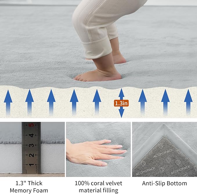 ACOMOPACK Baby Play Mat for Floor,1.3" Thick Memory Foam Area Rug for Living Room,Soft Velvet Crawling with Non-Slip Bottom for Kid,Toddler,59"×71" Tummy Time Nursery Rugs,Yoga(Light Grey)