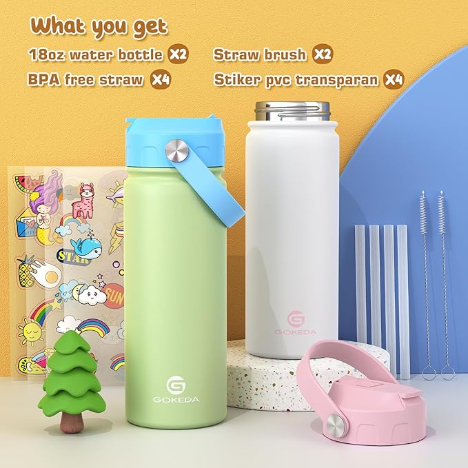 GoKEDA 18oz Kids Water Bottle, 2 Pack Insulated Bottles with Stickers, 18/8 Stainless Steel Vacuum Leak Proof Straw Cup for School, Gifts for Boys Girls(White+Green)