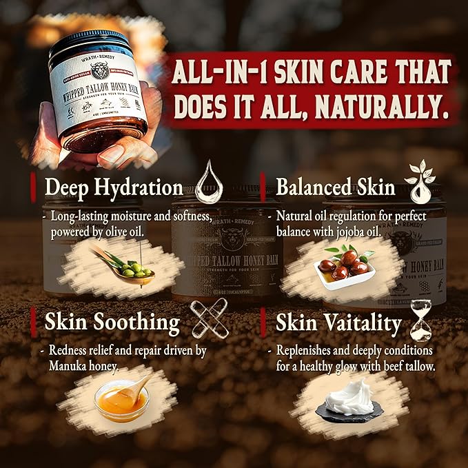 Organic Beef Tallow for Skin - 4 OZ (Vanilla) โ Grass Fed Beef Tallow for face + Body โ US-Made Whipped Tallow and Honey Balm Moisturizer for Dry and Sensitive Skin, Eczema, Rosacea (No Additives)