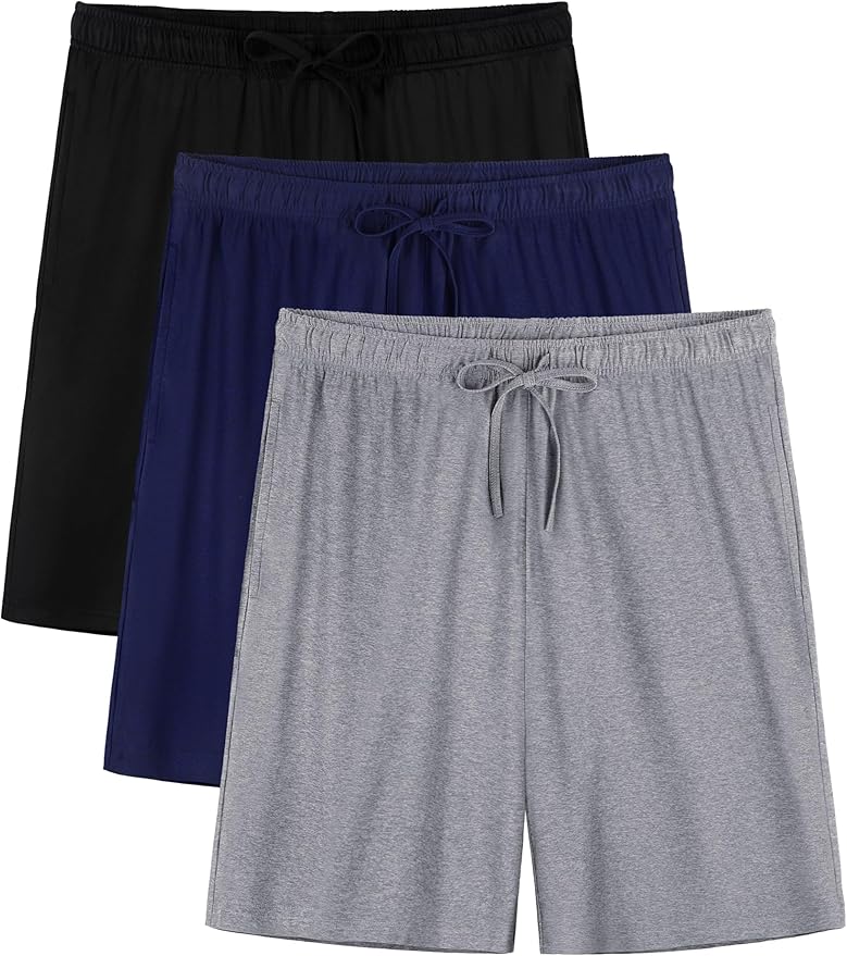 3 Pack Mens Pajama Shorts, Soft Sleep Shorts with Pockets Elastic Waist Drawstring Lounge Dry Fit Sleepwear Bottoms
