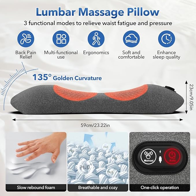 3-in-1 Multifunctional Battery-Powered Lumbar Pillow for beds and Chairs, Back Massager with Heating Massage and Stretching, deep Tissue Massager for Pain Relief