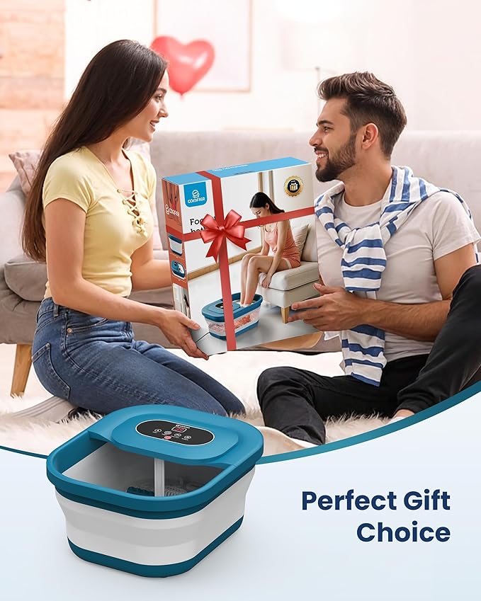 COMFIER Collapsible Foot Spa Bath Massager with Heat, Pedicure Foot Spa with Bubbles, Red Light, Pumice Stone and Shiatsu Massage Rollers, Heated Bath Spa for Relaxation and Stress Relief (Blue)