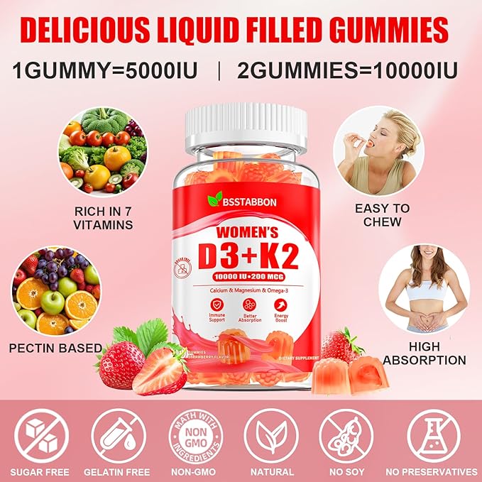 Organic Women’s D3 K2 Vitamin Gummies: D3 10000 IU Chewable Vegan Multivitamins Supplement with B12 B6 B9 Plus Magnesium Omega Zinc Calcium - for Immune Energy Skin Support (120Count)