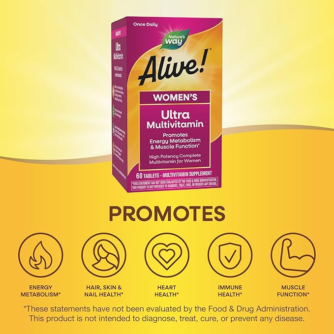 Nature’s Way Alive! Women’s Ultra Potency Complete Multivitamin, High Potency B-Vitamins, Energy Metabolism*, 60 Tablets