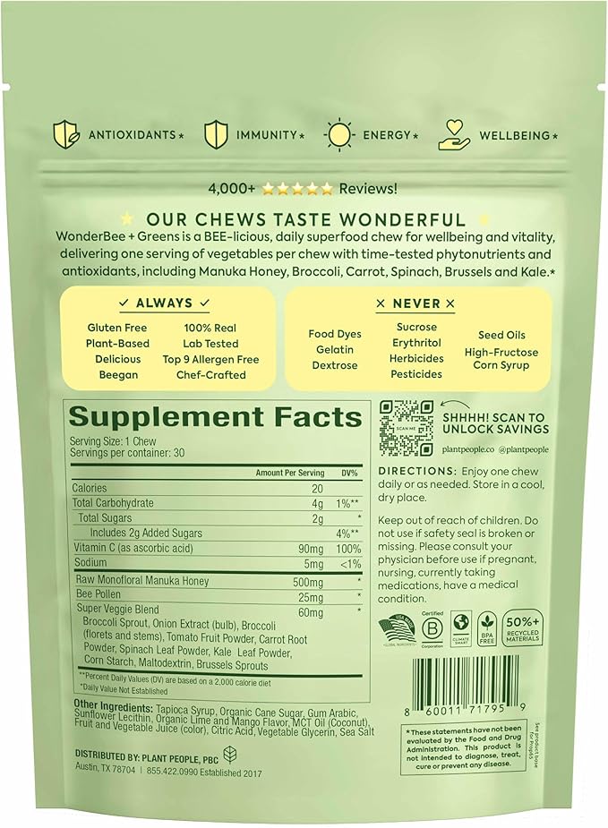 Plant People WonderBee Super Greens Manuka Honey Chews - Bee Pollen, Super Greens & Vitamin C - Immune Support, Antioxidants & Energy Boost (30 Count)