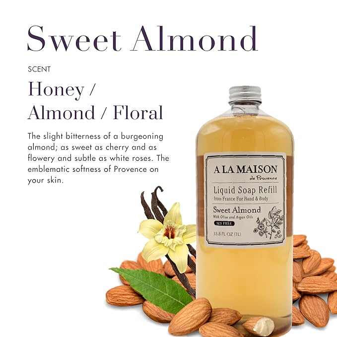 A LA MAISON Sweet Almond Natural Hand Wash Made with Essential Oils - Biodegradable, Plant-Based, Vegan, Cruelty-Free (33.8 Fl Oz Refill, 1 Pack)