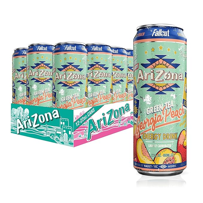 AriZona x Fallout Georgia Peach Green Tea Energy Drink, 12 pack 22 fl oz - 234mg Natural Caffeine per Can