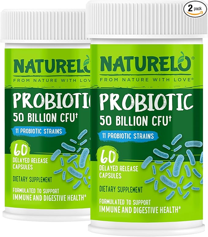 NATURELO Probiotics for Digestive Health - 50 Billion CFU, 11 Strains, Daily Use Supplement - Boosts Immune System, Delayed Release, No-Fridge, 60 Vegetarian Capsules (Pack of 2)