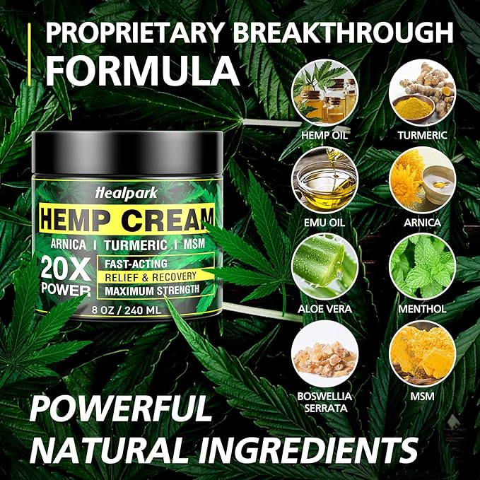 Natural Hemp Cream 8 fl oz - Arnica,MSM, Turmeric, Emu Oil, Menthol, Aloe
