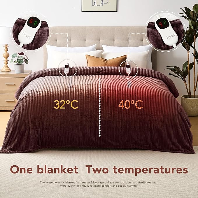 Homemate Electric Heated Blanket King Size - 100"x90" Heating Blanket King Size Dual Control 1/2/4/6/8 Hours Auto-Off 10 Heat Level Over-Heat Protection Soft Flannel Sherpa ETL Certification