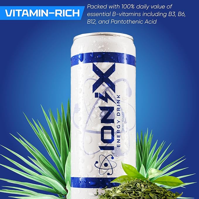 IoniX Nootropic Energy Drink- Zero Sugar- 12fl oz, pack of 12- 150mg Natural Caffeine from Green Tea- Mental Clarity, Focus, Vitamin B Complex, Vitamin C, Organic Agave Inulin (Prebiotic), Natural energy boost