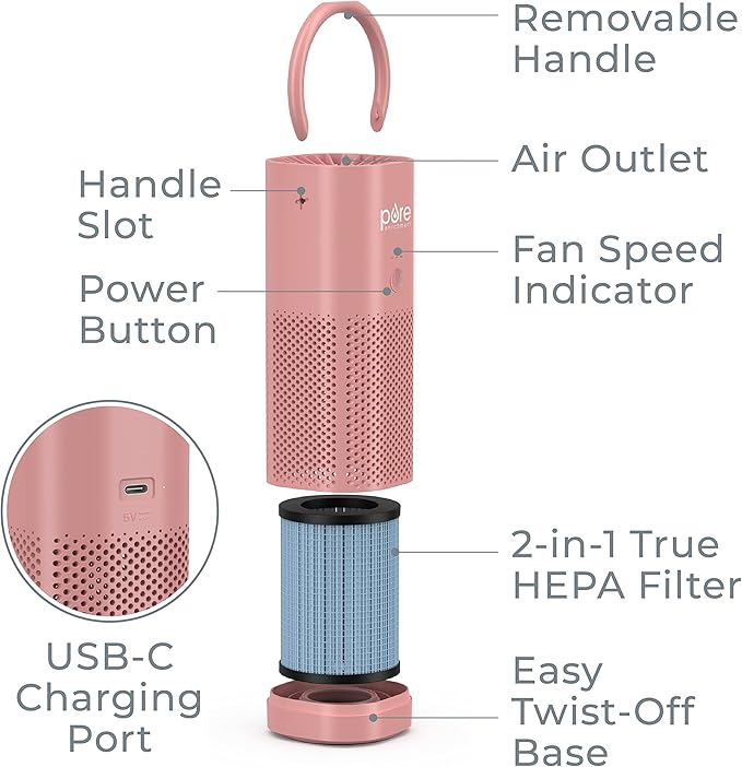 Pure Enrichment PureZone Mini Portable Air Purifier - Cordless True HEPA Filter Cleans Air & Eliminates 99.97% of Dust, Odors, & Allergens Close to You - Cars, School, & Office (Blush)
