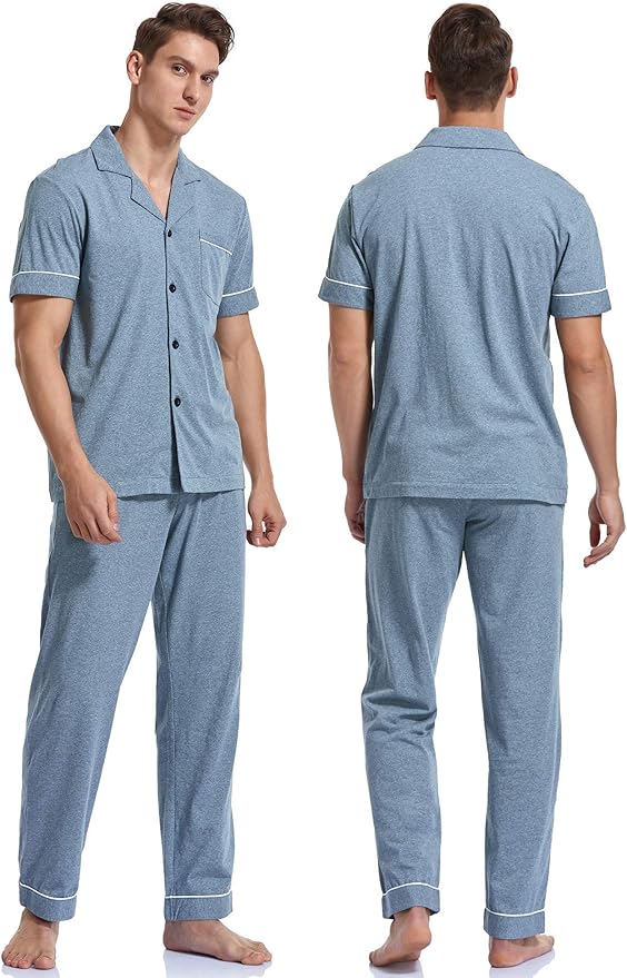 COLORFULLEAF Men's 100% Cotton Pajamas Set Button Down Sleepwear Short Sleeve and Long Pants Pjs