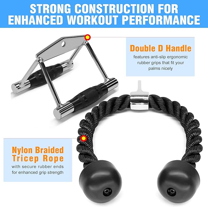 Yes4All Cable Machine Attachment, Double D Hanlde & Tricep Rope Cable Attachment, Weight Machine Accessories Load 880 LB for Home Gym