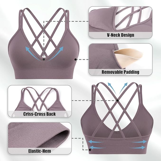 Sports Bra for Women V-Neck Strappy Criss Cross Yoga Bra Padded Medium Support Workout Gym Athletic Fitness Bras 3 Pack