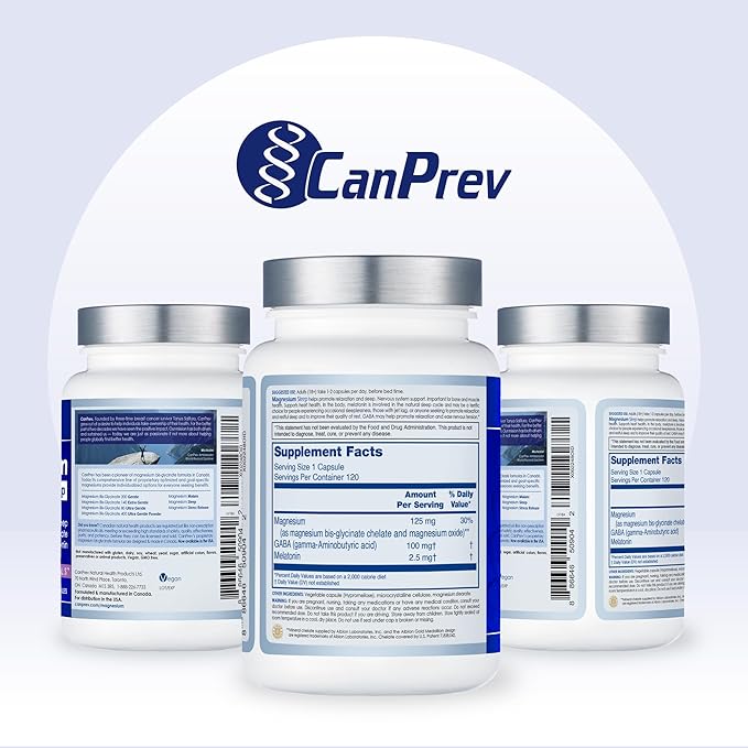 CanPrev Magnesium Bisglycinate Chelated + GABA & Melatonin, 120 Veg Caps, 120-Day Supply, Support Restful Night, Muscle Function, Promote Relaxation & Balanced Sleep-Wake Cycle, Vegan, No GMO & Gluten